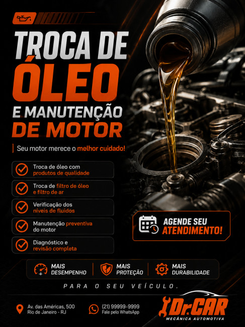 TROCA DE ÓLEO E MOTOR  - Proteção, desempenho e durabilidade para o seu veículo.  - Agende seu atendimento! (Banner vai ser utilizado em campanha)